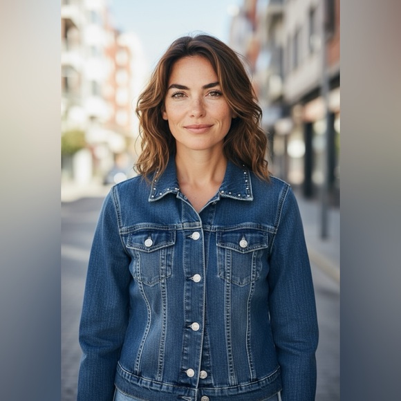 Denim Jean Jacket Cropped with Rhinestones SZ S - Picture 16 of 16